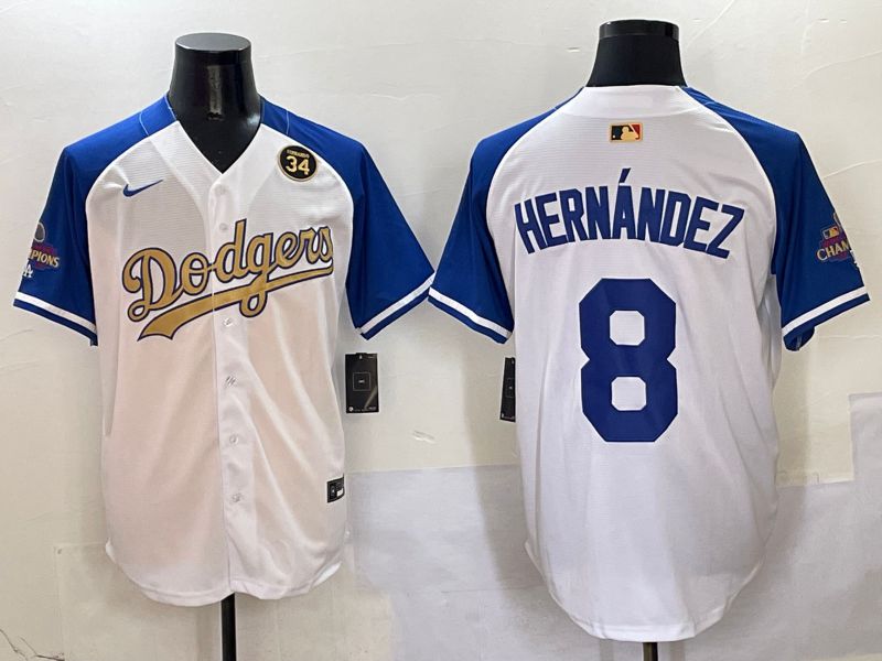 Men Los Angeles Dodgers #8 Hernandez White Blue Champion gold character Nike 2025 MLB Jersey style 5046
